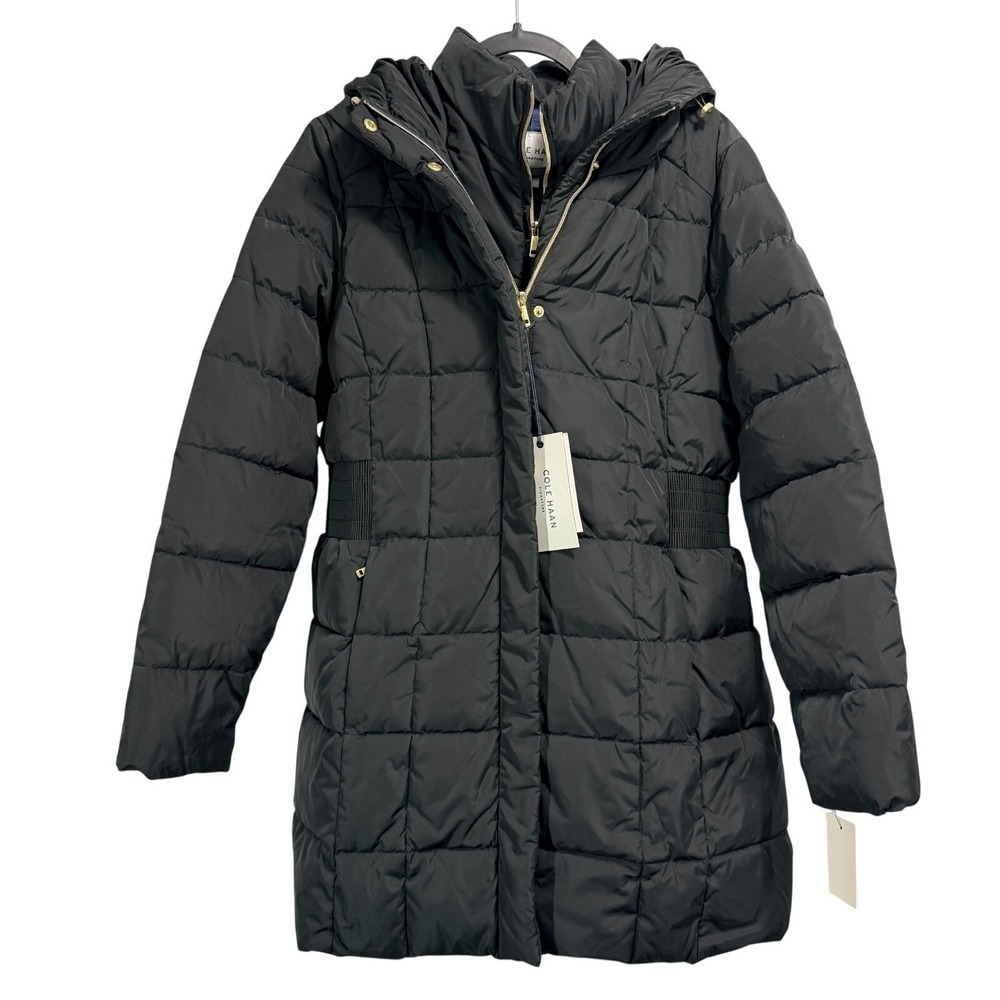 NWT Cole Haan Signature Womens Large Black Down Puffer Coat Hooded Quilted Parka